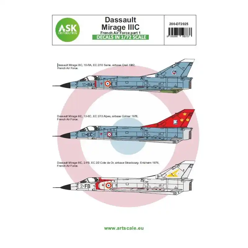 ASK ART SCALE KIT D72025 DÉCALCOMANIES MIRAGE IIIC FRENCH AIR FORCE PART 1 1/72 Soldes