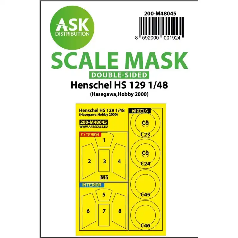 ASK ART SCALE KIT M48045 MASK HENSCHEL HS 129 (HASEGAWA,HOBBY 2000) 1/48 Usine Directe