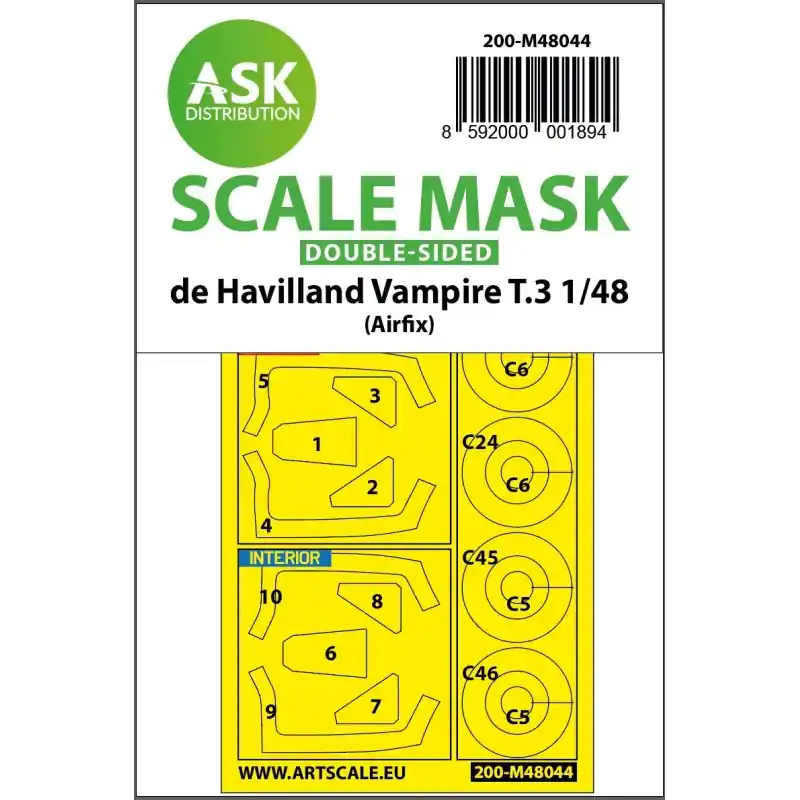 ASK ART SCALE KIT M48044 MASK DE HAVILLAND VAMPIRE T.3 (AIRFIX) 1/48 Certifié