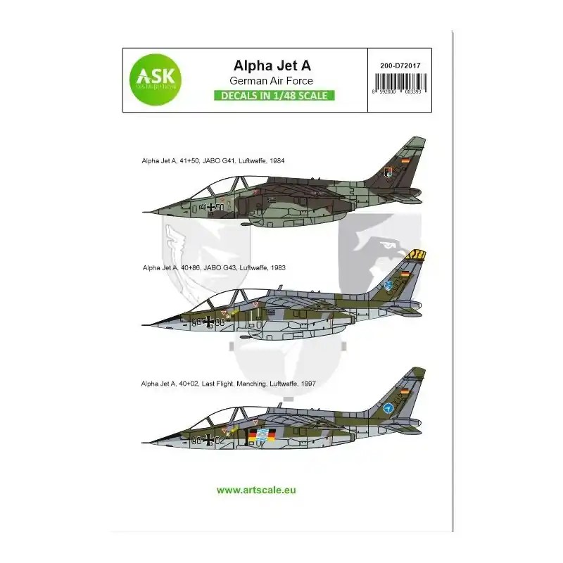 ASK ART SCALE KIT D72017 DÉCALCOMANIES ALPHA JET A BUNDESWEHR GERMAN AIR FORCE 1/72 Commander Vite
