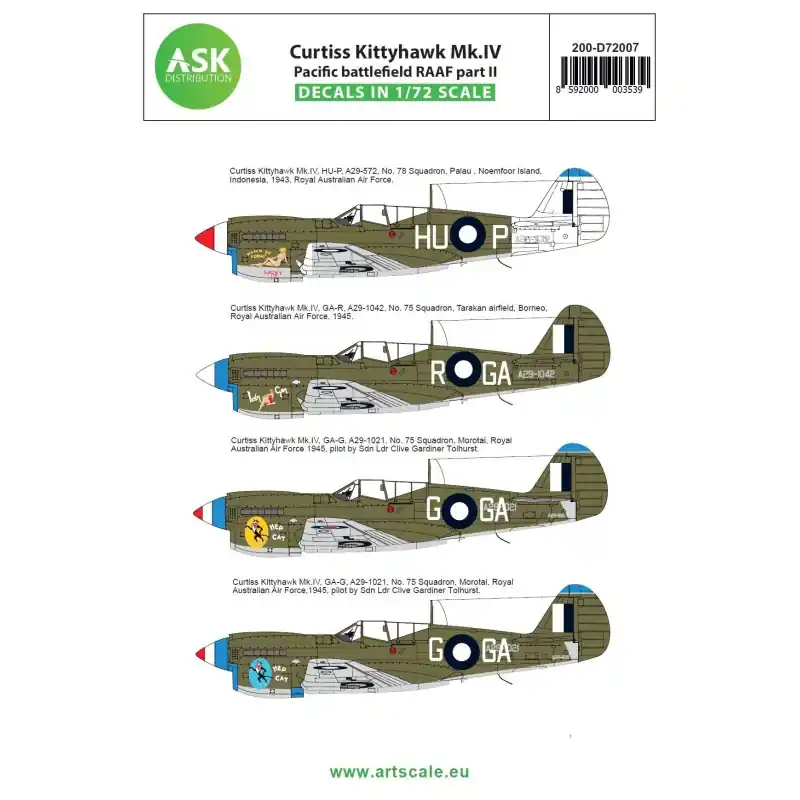ASK ART SCALE KIT D72007 DÉCALCOMANIES CURTISS KITTYHAWK MK.IV PACIFIC BATTLEFIELD RAAF PART II 1/72 Prix Bas