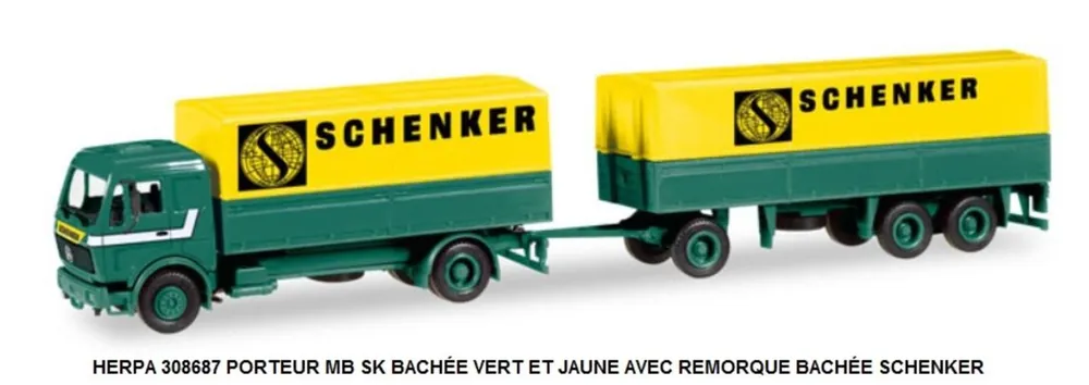 Achetez Aujourd'hui *SOLDES* - PORTEUR MERCEDES BENZ MB SK BACHÉE VERT ET JAUNE AVEC REMORQUE BACHÉE SCHENKER
