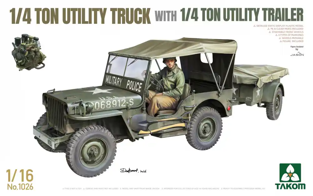NEW! Takom 1026 US WWII Willys 1/4 - Ton Utility Truck with 1/4 - Ton Utility Trailer Livraison Express