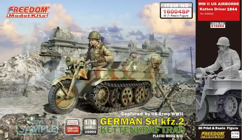 Freedom Model Kits 16004SP German WWII Sd.Kfz 2 Kettenkraftrad with US Airborne Driver Set Limited Edition Pas Cher