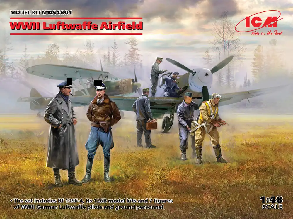 Livraison Express ICM DS4801 WWII Luftwaffe Airfield Messerschmitt Bf 109F-4, Hs 126 B-1, German Luftwaffe Pilots and Ground Personnel (7 figures)