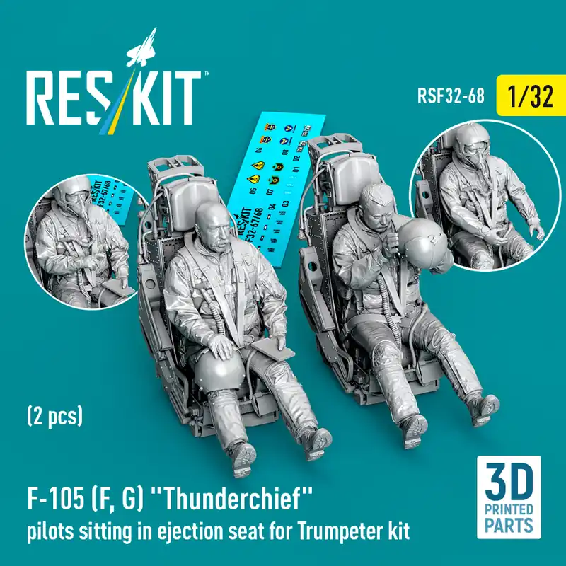 RES/KIT F32-0068 F-105 F/G Thunderchief - 3D-Printed Pilots Sitting in Ejection Seat (2 Figures / for Trumpeter Kits) Livraison Express