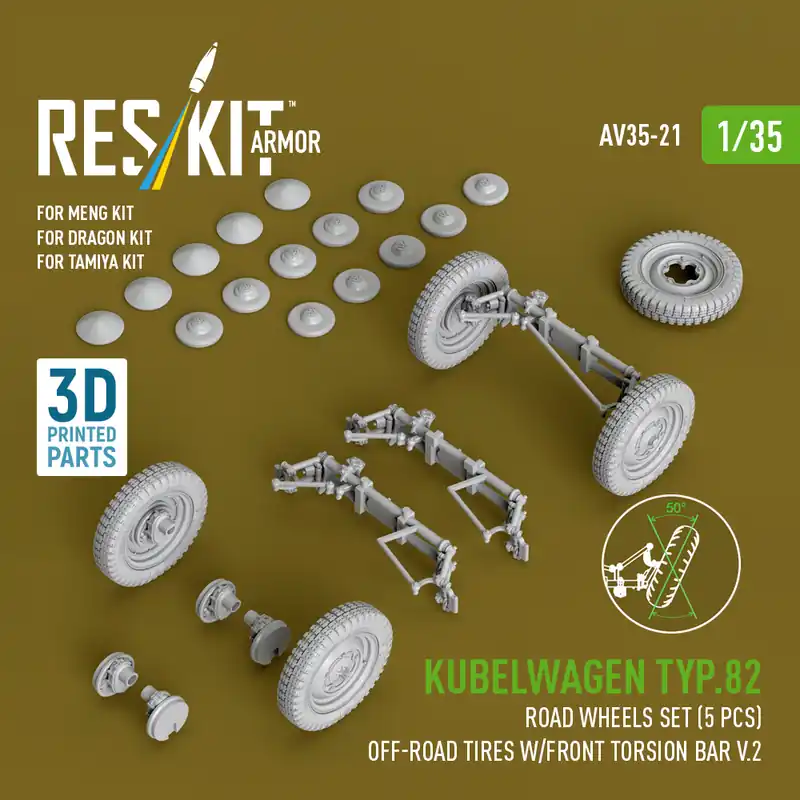 NEW! RES/KIT AV35-0021 Kubelwagen Typ 82 - 3D-Printed Road Wheels Set (5 pcs) with Off-Road Tires and Front Torsion Bar Volume 2 (for Meng / Dragon and Tamiya Kits) Remise