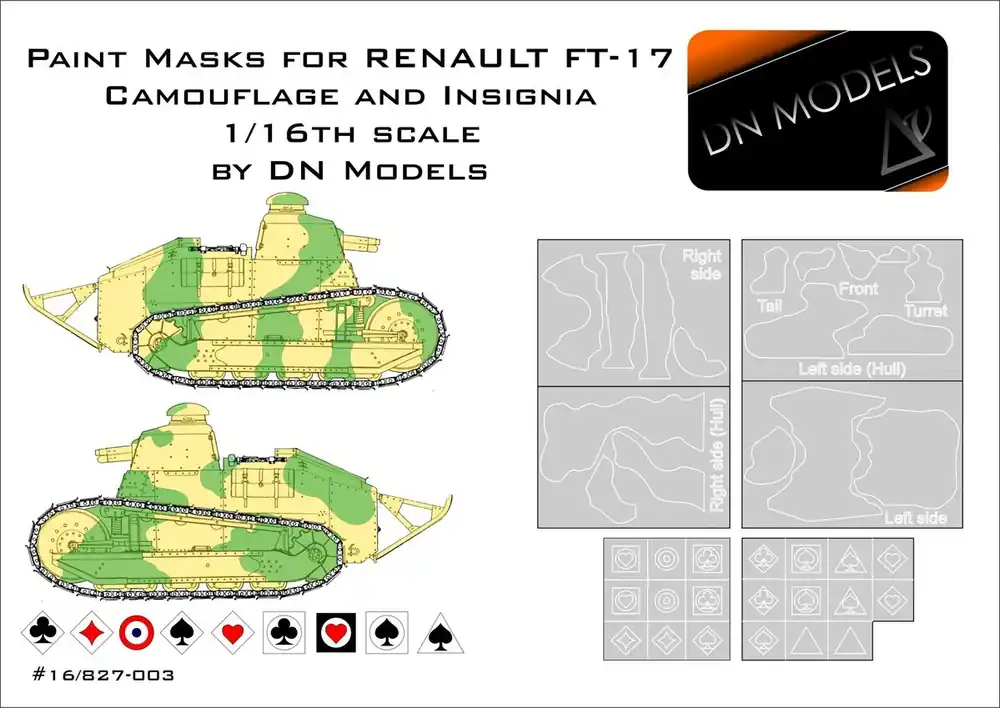 DN Models 16-827-003 Paint Camo Masks RENAULT FT-17 Camoufage And Insignia Quantité Limitée