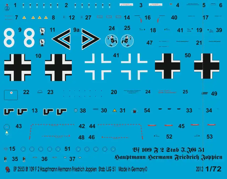 Peddinghaus-Decals 2553 Bf 109 F 2 Hauptmann Hermann Friedrich Joppien, Stab I/JG 51, Russia 1941 Réduction