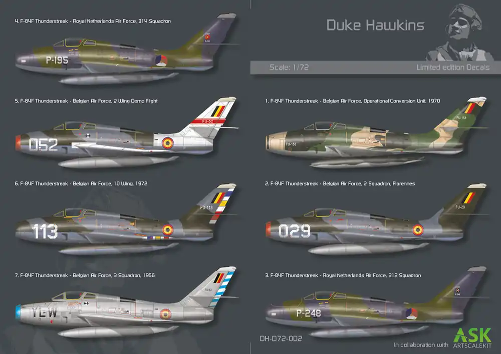 Authentique HMH-Publications D72-002 Republic F-84 F Thunderstreak - Decals Set (7 Schemes - 5 Belgian and 2 Dutch)