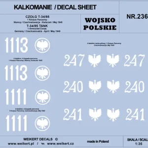 Bon Marché Weikert Decals DEC236 Wojsko Polskie - Czołg T-34/85 1 Korpus Pancerny (Niemcy / Czechosłowacja - Kwiecień / Maj 1945)