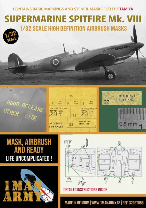 Marque 1 Man Army 32DET058 Supermarine Spitfire Mk.VIII - Airbrush Masks Set (for Tamiya Kits)