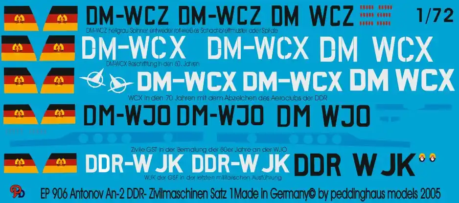 Peddinghaus-Decals 0906 Antonov An-2 For DDR Civil - Markings No. 1 Retour Gratuit