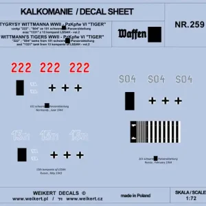 Weikert Decals DEC259 TYGRYSY WITTMANNA - czołg Pzkpfw VI TIGER - 101 schwere SS-Panzerabteilung - vol.2 Populaire