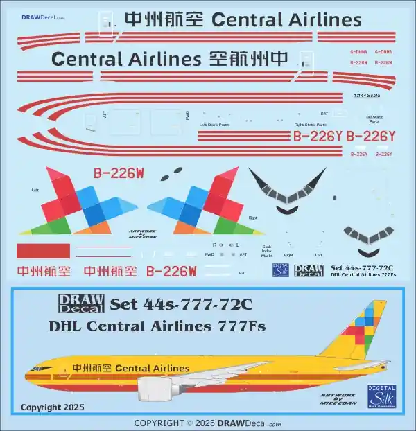 Draw Decal 44-777-72C Boeing 777F - DHL Central Airlines Seulement Aujourd'hui