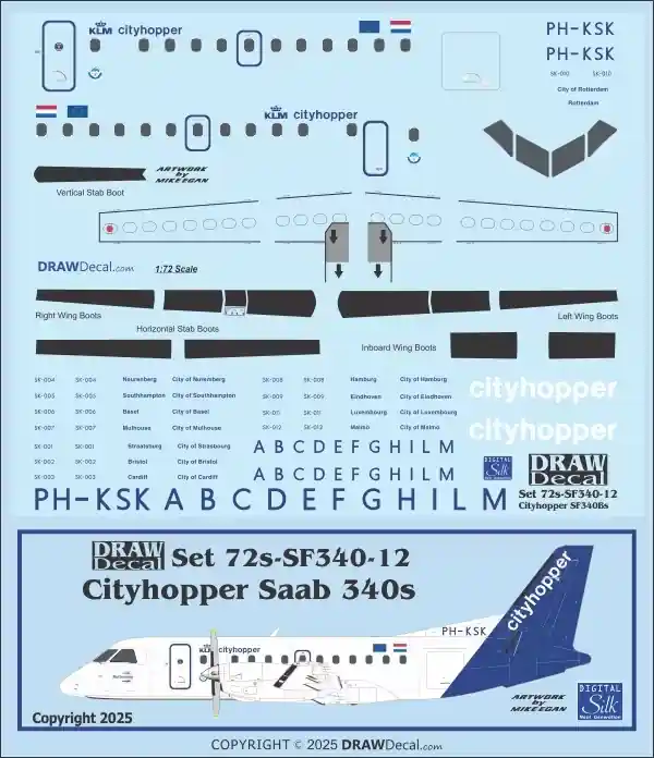 Haute Qualité Draw Decal 72-SF340-12 Saab 340 - KLM Cittyhopper