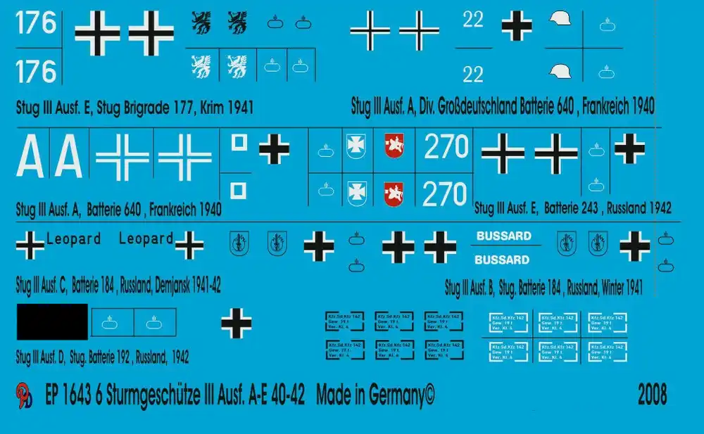 Authentique Peddinghaus-Decals 1643 Markings For Stug III Version A-E Tanks