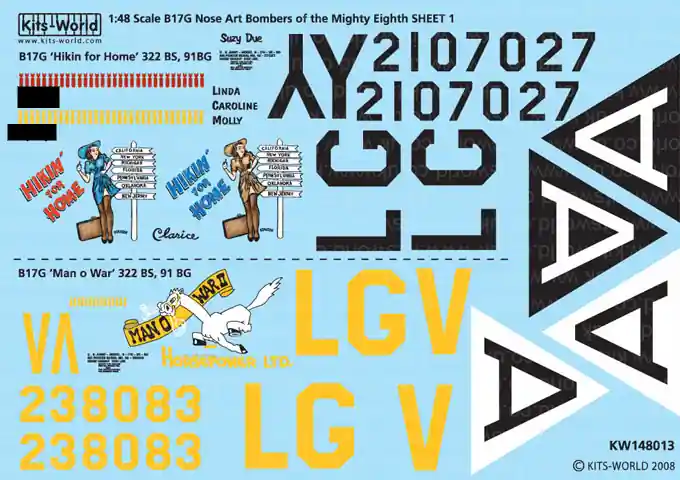 Kits World 148013 Boeing B-17G Flying Fortress 91st BG 8th Air Force Nose Art Vente Directe