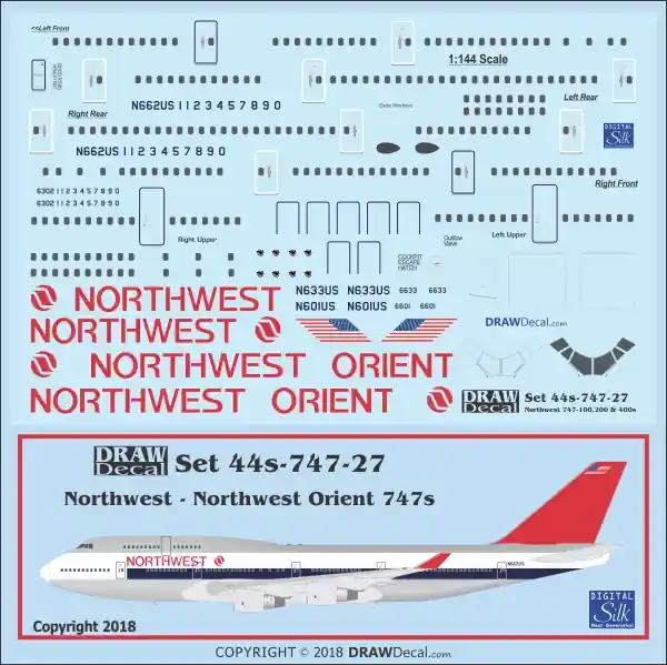 Nouveauté Draw Decal 44-747-27 Boeing 747-100/200/400 - Northwest / Northwest Orient