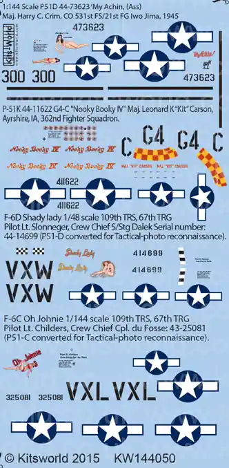 Kits World 144050 North American P-51 D/K and F-6 C/D Mustang Decal Sheet Livraison Express