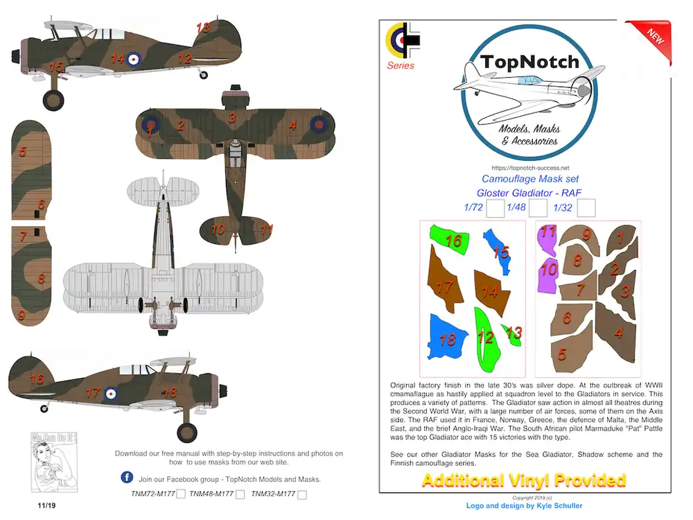 Commande En Gros TopNotch 72-M177 Gloster Gladiator Mk.I / Mk.II - RAF Day Scheme camouflage pattern paint masks