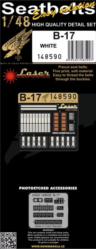 Vente Directe HGW Models 148590 Boeing B-17 - Seatbelts (White) (for Hong Kong Models, Monogram and Revell kits)
