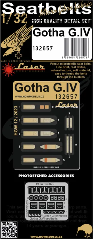HGW Models 132657 Gotha G.IV - Seatbelts (designed to be used with Wingnut Wings kits) Promotion Saisonnière