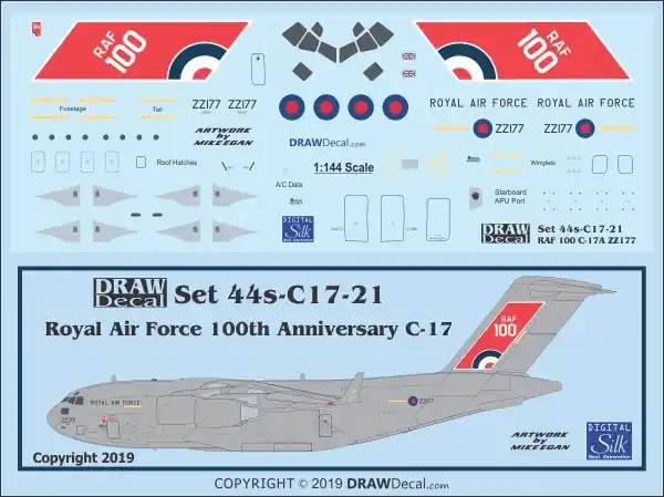 Satisfait Ou Remboursé Draw Decal 44-C17-21 Boeing C-17 Globemaster III - RAF Centenary Scheme (99th Squadron)