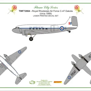 Prix Promo Aircraft In Miniature Ltd TWF72004 Douglas C-47 Dakota - Royal Rhodesian Air Force (circa 1956) Decal Set