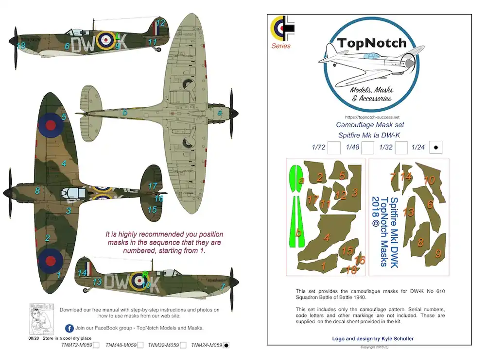Quantité Limitée TopNotch 24-M059 Supermarine Spitfire Mk.IA - DW-K - Camouflage Paint Masks