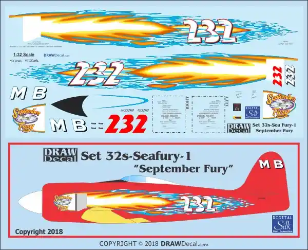 Draw Decal 32-SEAFURY-01 Hawker Sea Fury - "September Fury" Unlimited Racer Prix Choc