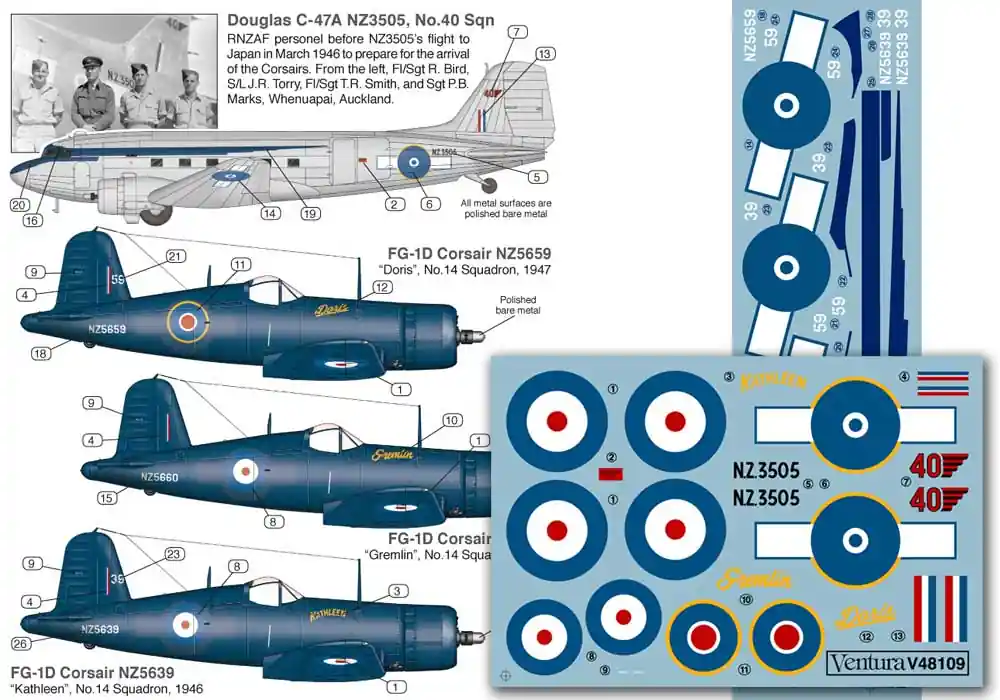 Certifié Ventura 48109 RNZAF Vought FG-1 D Corsairs & Douglas C-47 A Dakota, No.14 Squadron - post-war service in Japan 1946-48