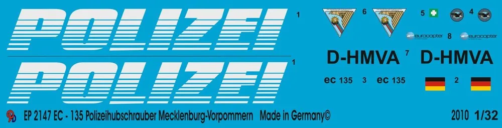 Peddinghaus-Decals 2147 EC 135 Police Helicopter Mecklenburg-Western Pomerania D-HMVA Petit Prix